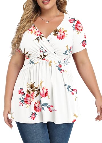 TIANZHU Women'S Plus Size Dressy Black Tops Wrap Shirt Short Sleeve Tunic Shirt V Neck Cute Blouse F Rose White 4XL