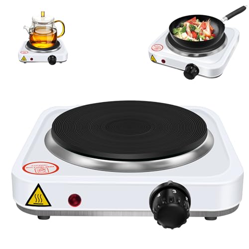 1000W Single Hot Plate for Table Top Cooking Cast Iron Heating Plate Portable Electric Hob with 5 Levels ＆ Power Indicator Overheating Protection for Home, Kitchen and Outdoors - White