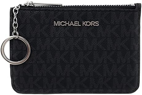 Michael Kors Jet Set Travel Small Top Zip Coin Pouch with ID Holder - PVC Coated Twill (Black with Silver Hardware)