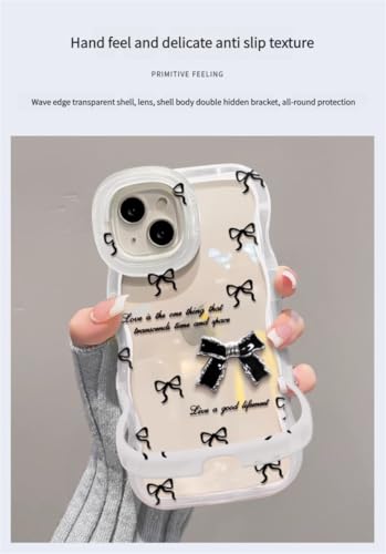 Image of COVERLY 3D Cute Creative Bow-Knot Cartoon 3D Coquette Bow Floral Decor Wave Curly Edge Invisible Double Phone Stand Holder Hard Translucent Cover Girly Charm Case for Apple iPhone 17 (Black White)