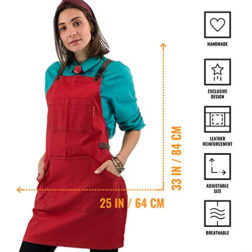 Under NY Sky Essential Cherry Red Apron – Cross-Back with Durable Twill and Leather Reinforcement – Adjustable for Men and Women – Pro Chef, Tattoo Artist, Baker, Barista, Bartender, Server Aprons - Thumbnail 3