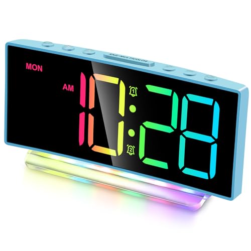 Cadmos Loud Alarm Clock for Heavy Sleepers Adults,Kids,Teens,Digital Desk Clock with USB Port,Large Numbers,7 Color Night Light,Modern Electronic Plug in Simple Clock for Bedroom(Blue+Dynamic)