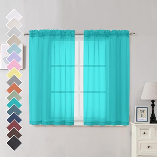 Image of Turquoise Sheer Curtains 45 Inches Long 2 Panels, Light Filtering Sheer Curtains for Bedroom, Elegant Airy Draperies for Living Room Nursery Room, Dual Rod Pocket, Each 42Wx 45L