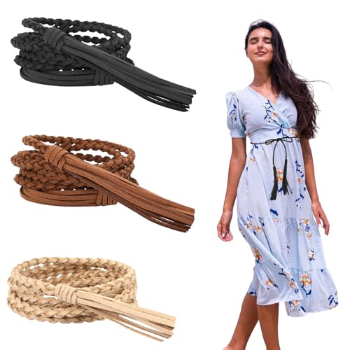 3Pcs Braided Fringe Belts for Women Boho Skinny Waist Belt Tassel Chain Woven Rope Belts for Dresses Skirt Pants (Black, Brown, White)