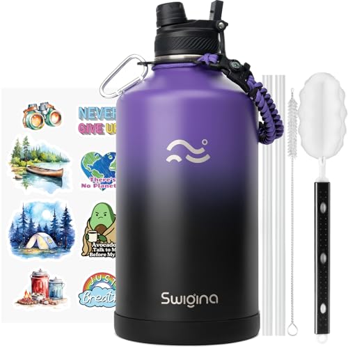 Image of Swigina [2-IN-1 LID] Gallon Insulated Water Bottle with Silicone Boot (48hrs Cold /24hrs Hot) - DIY Stickers, Leakproof, BPA Free, 128 oz