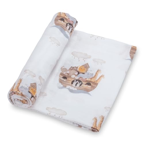 Image of LollyBanks Muslin Swaddle Blanket | 100% Muslin Cotton | Gender Neutral Newborn and Baby Nursery Essentials for Girls and Boys, Registry | Noah's Ark Print