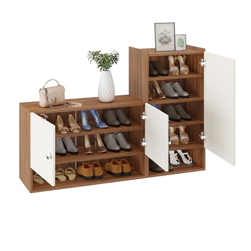 Image of FURNEASER Sinala Wooden Shoe Rack for Home with Doors & Open Shelves | Modern Shoe Cabinet Organizer for Entryway | Engineered Wood Shoe Stand with Storage (Exotic Teak & White)