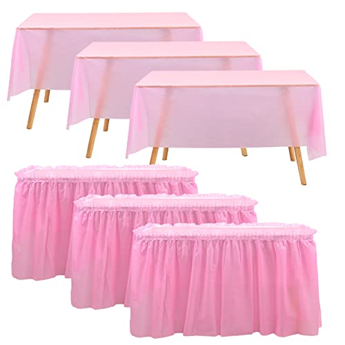 Lot de 3 nappes en Plastique Rose Lot de 3 Jupes de Table, Nappe rectangulaire en Plastique réutilisable, Nappe en Plastique jetable pour fête d'anniversaire, Mariage, dîner de Famille