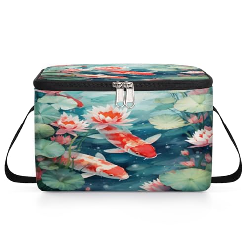 GzLeyigou Kois Carps Family Lunch Bags for Women Men 9 Cans, Hot & Cold Food Delivery Bag Insulated Grocery Bag Insulated Lunch Box Lotus and Leaf Cooler Bag for Office Work Picnic Beach