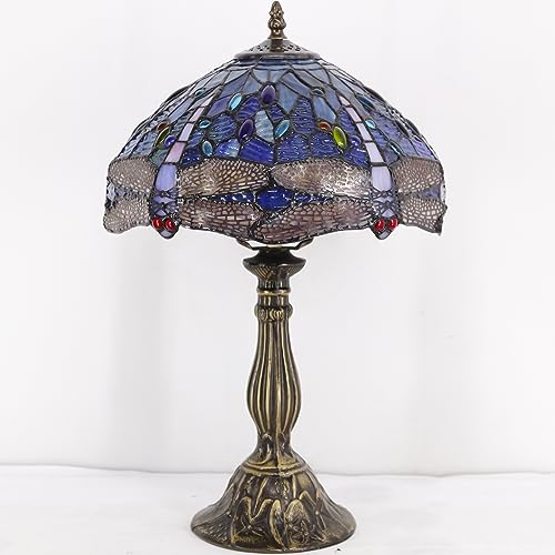 Image of WERFACTORY Tiffany Table Lamp Blue Stained Glass Dragonfly Style Desk Light