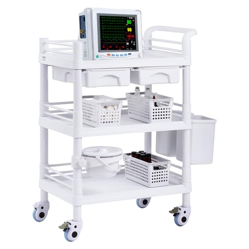VEVOR Laborwagen Medizinwagen mit 3 Ablagen und 4 Rädern, Rollbarer Laborwagen PP-Material, 50 kg belastbarer Servierwagen Medizinischer Wagen für Labor, Klinik, Krankenhaus, Salon, 645 x 445 mm