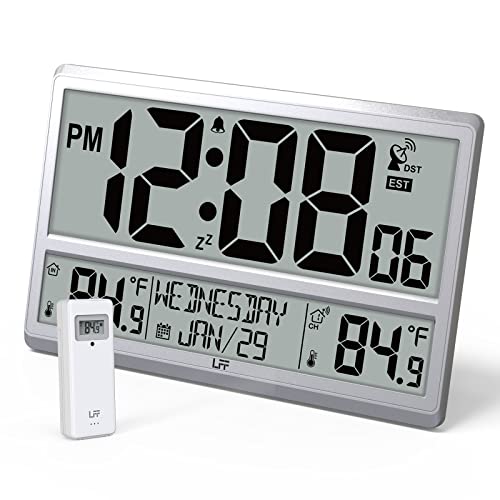 Atomic Clock, Digital Wall Clock with Indoor & Outdoor Temperature, Date, Time, Alarm Clock. LFF Atomic Wall Clock with Wireless Outdoor Sensor, Jumbo Display Easy to Read and Easy to Set