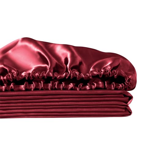 Image of Ersmak Silk Satin Fitted Sheet, Soft Deep Pocket Bottom Luxury Full Fitted Sheet, Wrinkle Free, Breathable, Fade Resistant - Burgundy