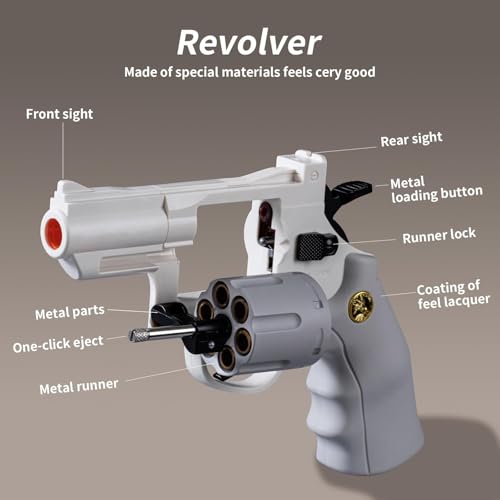 Image of Revolver Toy Gun | Real Looking Plastic Airsoft Gun Pistol| Semi-Automatic Style | 12 Bullet Shell' and 50 Bullet Included(White+Grey)