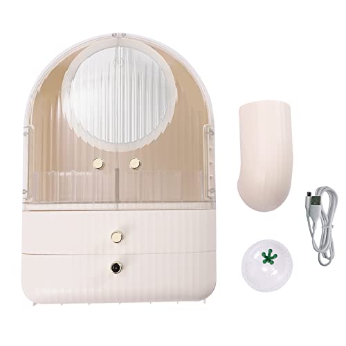 chennnls Cactus - Organizador de maquillaje portátil, caja de almacenamiento de cosméticos con tapa a prueba de polvo, organizador de cosméticos con 2 cajones, luz LED, espejo - blanco