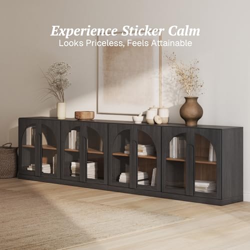 Image of BELLEZE 4-Piece Modular TV Stand Set,Modern Entertainment Center with Arched Glass Door,Sideboards with Adjustable Shelves & Wide Wooden Handle,Classic Media Console Cabinet for Living Room(Ebony)