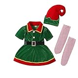 Kid Girls Chrsitmas Costume Santa Helper Elf Cosplay Outfit Short Sleeve Dress+Hat+Striped Socks for Christmas Party (Green, 1-2 Years)