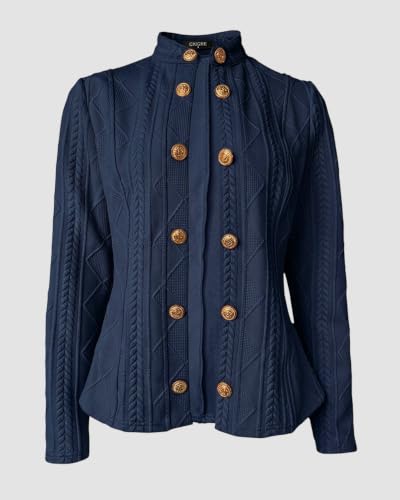 Image of CHICME Women's Argyle Cable Knit Cropped Jacket | Metal Button Front, Stand Collar Detail, Lightweight Cardigan Style, Long Sleeve Design, Fall Layering, Casual Office Wear