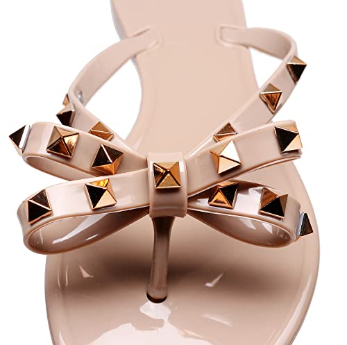 Studded Jelly Shoes for Womens Bow Flip Flops Jellies Sandals Flat Black Summer Beach Thong with Rivets Strappy Slides Slip On4