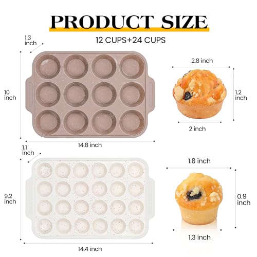 Image of 2 Pcs Silicone Muffin Pans for Baking with Metal Reinforced Frame, Nonstick Cupcake Tray for Oven, 12 Cups Regular and 24 Cups Mini Size Silicone Molds for Egg Bites (Brown, Cream)