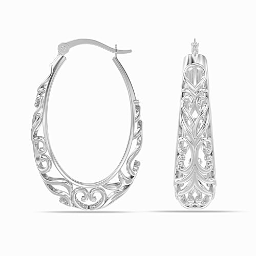 18K Gold-Plated 925 Sterling Silver Post Filigree Hoop Earrings for Women | Silver Post Oval Hoops Earring | Size 25mm, 32mm3