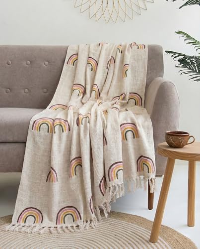 Image of Handwoven Cotton Sofa Throw Blanket with 2 pcs Cushion Covers Lightweight Decorative Couch & Bed Throw (Pack of 3, Rainbow Print)