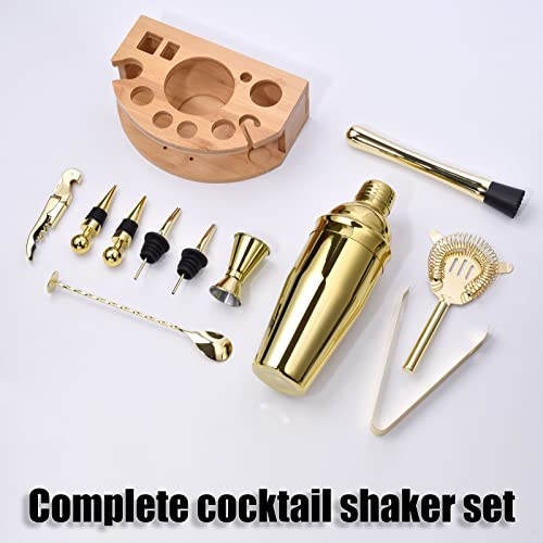 Esmula Bartender Kit with Stylish Bamboo Stand, 12 Piece 25oz Cocktail Shaker Set for Mixed Drink, Professional Stainless Steel Bar Tool Set, Gift for Man Dad- Cocktail Recipes Booklet (Gold)