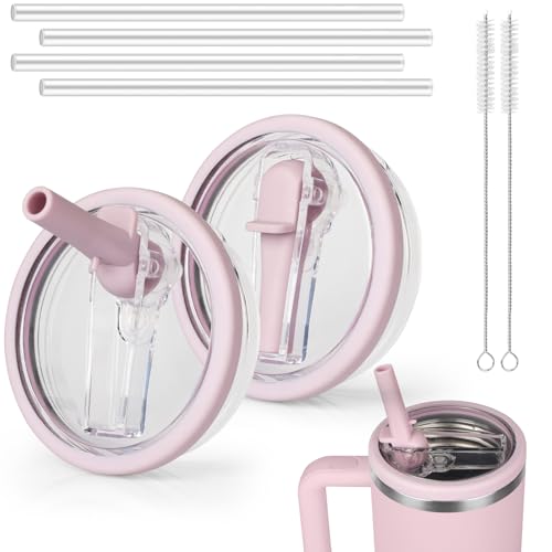 40oz Flip Straw Lid Replacement for Stanley Quencher H2.0 Tumbler, 2 Lilac Leak Proof Flip Lid & 4 Tritan Straws & 2 Straw Brush