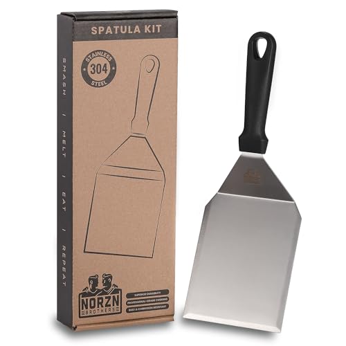 Norzn Brothers® Espatula Plancha – Espatula Cocina Acero Inoxidable 304, Espatula Hamburguesa Grill, Espátula Barbacoa BBQ, Parrilla, Plancha Teppanyaki, Certif. Contanto Alimentos, Garantía 10 Años