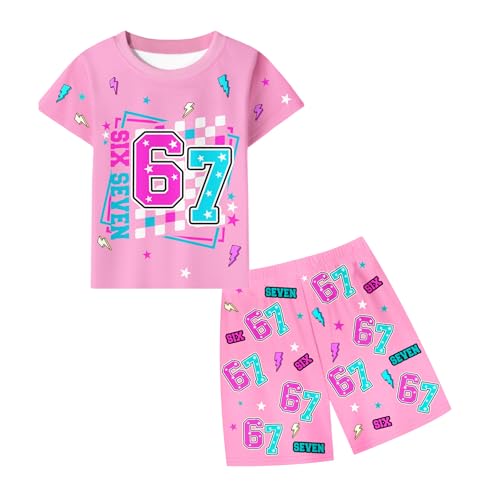 HBTJCZXL Girls 2PCS 67 Meme Pattern Short Sleeve T-shirt Shorts Set Kids Six Seven Summer Tee Tops and Pants Clothes Set