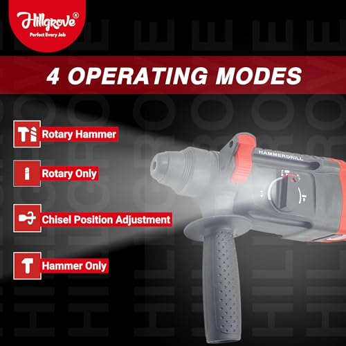 Image of Hillgrove H26H7 3 Modes Electric Rotary Hammer Drilling Impact Machine Industrial 26mm Hammer Impact Drill Machine Forward /Reverse Rotaion with 5 Bits for Making Holes in Metal /Wood /Concrete (1200 W)