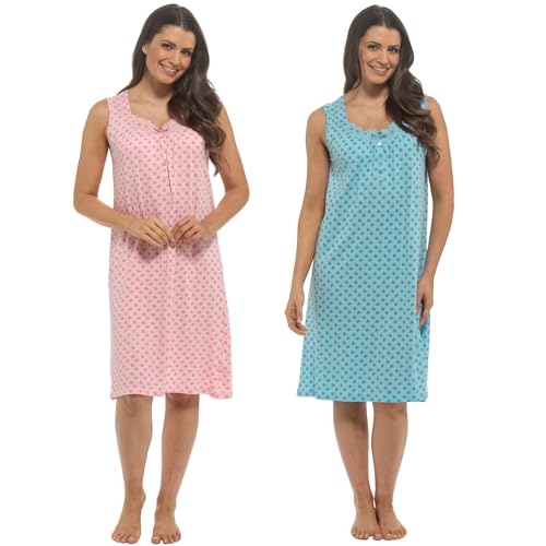 INSIGNIA Womens Pack of 2 Sleevless 100% Cotton Jersey Nightshirts Nighties (Pink & BLue Hearts 18-20)