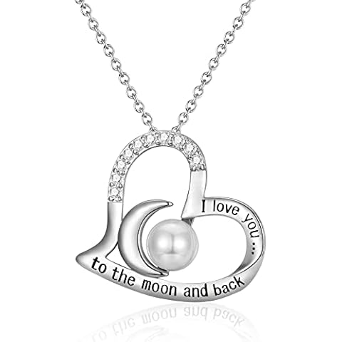 S925 Sterling Silver Necklace - I Love You to The Moon and Back with White Pearl, Moon & Heart Pendant Necklace for Women Mum Mother Wife Girlfriend Birthday Mothers Day Valentines Christmas Gifts Cover