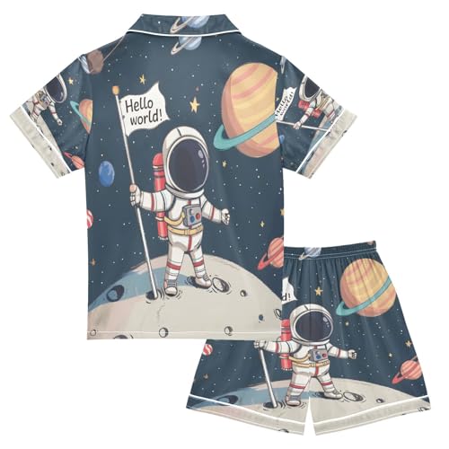 ALAZA Planet Solar System Space Universe Astronaut Satin Pajamas Set Short Sleeve Button Down Sleepwear Summer Pjs 2 Piece2