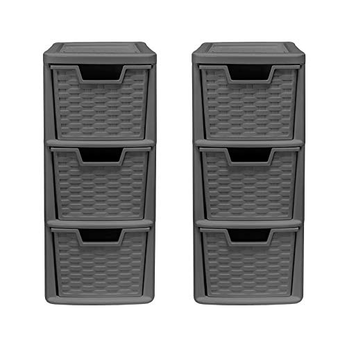 3 Drawer Medium Rattan Tower Unit - Slate Grey, Set of 2 Units - 47cm (H) x 19cm (W) x 26cm (D)