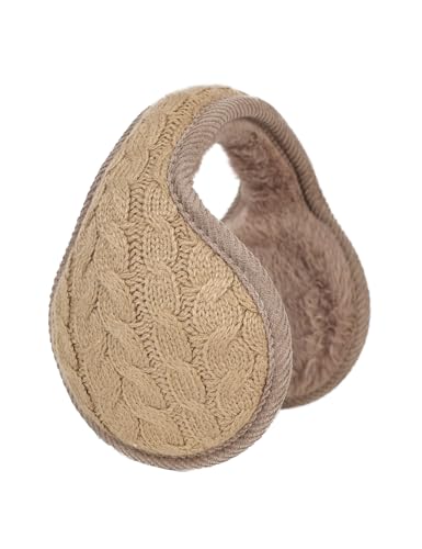 Surblue Unisex Warm Knit Cashmere Winter Pure Color Earmuffs with Fur Earwarmer, Adjustable Wrap,Khaki,Large