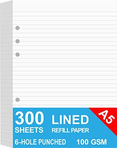 (3-Pack) A5 Lined Refills Paper for Filofax Planner/Binders/Organizer, 6 Hole Punched Loose Leaf Paper, Total 300 Sheets/600 Pages, 100gsm, White, 148 x 210mm