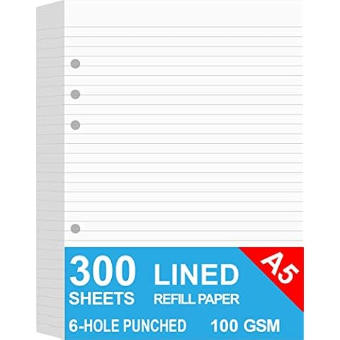 (3-Pack) A5 Lined Refills Paper for Filofax Planner/Binders/Organizer, 6 Hole Punched Loose Leaf Paper, Total 300 Sheets/600 Pages, 100gsm, White, 148 x 210mm Cover