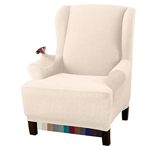 Granbest Premium Thick 1 Piece Wingback Chair Covers for Living Room High Stretch Furniture Slipcovers for Wingback Chairs Stylish Wing Chair Covers Jacquard Fabric (Wing Chair Cover, Beige)