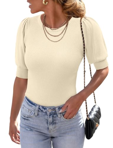ONLYSHE Womens Short Sleeve T Shirts Summer Crewneck Tops Ribbed Knit Slim Fit Shirt Casual Basic Tees Tops3