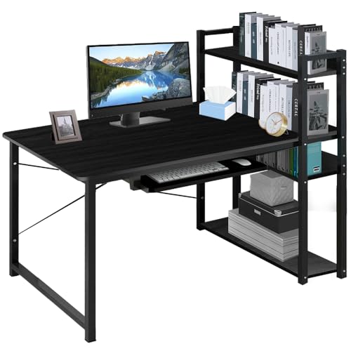 Oficina, Home FBXGT Escritorio para Computadora Modernos Minimalista Oficina Escritorios con 4 Repisas y Cajones, Home Office, Estructura Resistente de Metal (Nogal)