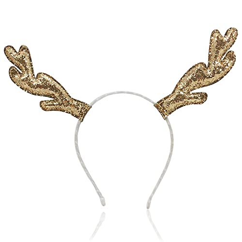 Glittering Gold Long Reindeer Antlers Sequin Festive Xmas Christmas Headband Thanksgiving with White Velvet Band For Women and Girls