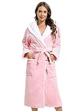 vislivin Bademantel Damen mit Kapuze Flauschig Bademantel Lang Warm Morgenmantel Fleece Robe Women Pink M