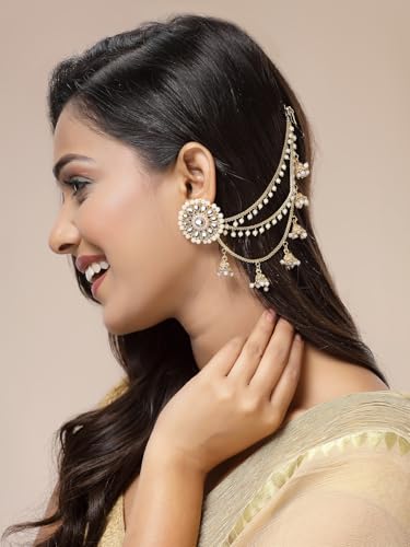 Image of Sukkhi Classical Traditional 18k Gold Plated with Brass Metal & Pearls Studded Jhumka /Jhumki Multi Layer Ear Kan Chain Earring Jewellery for Women & Girls|Bahubali Inspired Long Chain