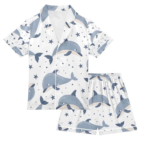 senya Whale Grey A Satin Summer Pajama Sets Silk Short Sleeve Button Down Sleepwear