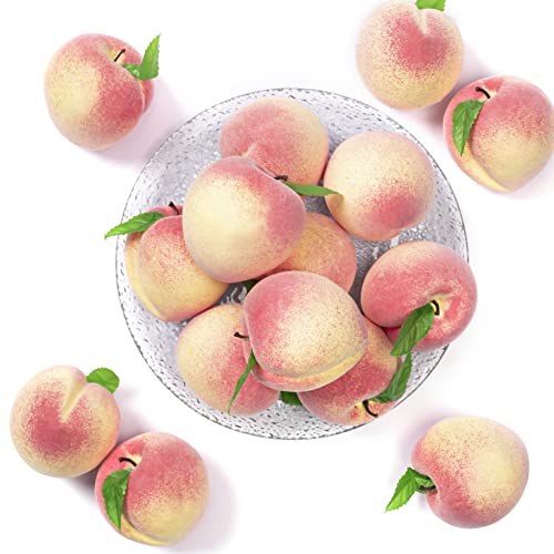 Hakacc Artificial Fruit Peach, 12Pcs Fake Peaches Lifelike Pink Peach With Green Leaves Simulation Peach For Photo Props Kitchen Decor Food #TOP9