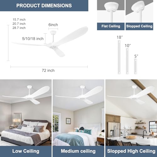 Image of 72 Inch Solid Wood Ceiling Fan without Light,3 Real Wood Blades,DC Motor Quiet and Reversible,Outdoor Ceiling Fan for Garage,Patio,Farmhous (white)