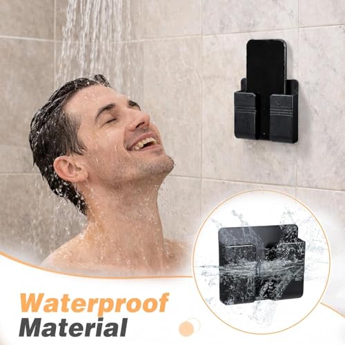 Image of Wall Mounted Mobile Holder with Charging Hole | Phone Stand Storage Case for Remote & Smartphone | Self Adhesive ABS Plastic Organizer for Bathroom, Kitchen, Bedroom | Pack of 4 (White)