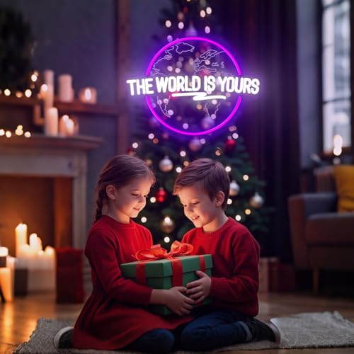 Image of The World Is Yours Neon Sign Dimmable Carved Planet The World Is Yours LED Signs Purple Neon Sign for Bedroom Classroom Man Cave Game Room Birthday Christmas Gifts for Kids