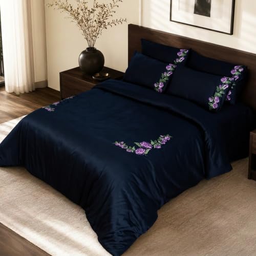 Image of Embroidered Premium Bedsheet Set | 300 TC 100% Cotton 1 Queen Bedsheet Set | Extra Smoothness with Sateen Weave| Hydrangea Navy Bedsheet Set (1 Flat Sheet + 2 Pillow Cases)